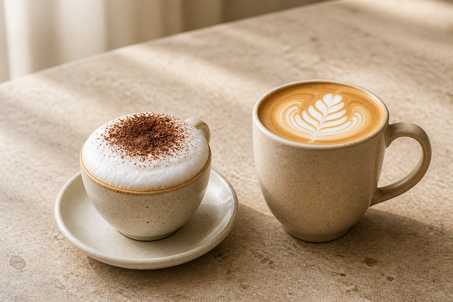 A cappuccino and a latte side by side on a light stone table