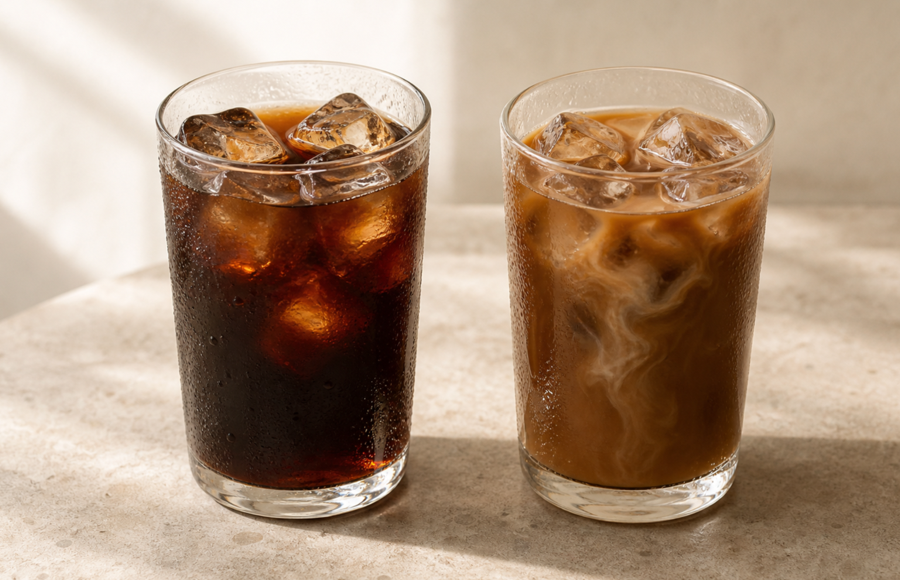 Cold brew and iced coffee served in clear glasses