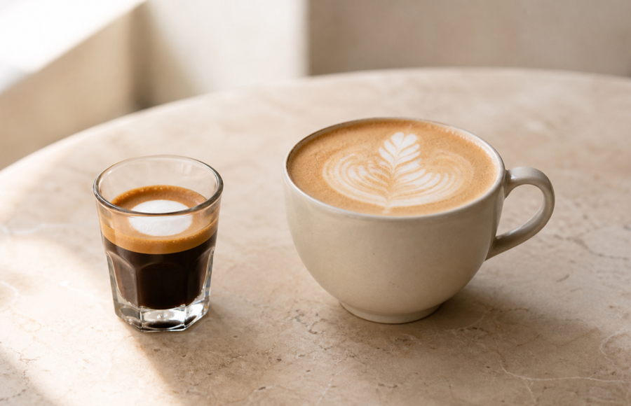 An espresso macchiato and a latte side by side